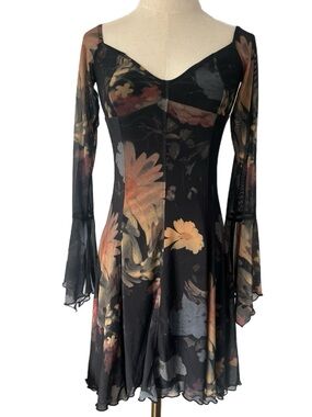 Urban Outfitters Black Floral Mesh Bell Sleeve Mini Dress | Small | NWT